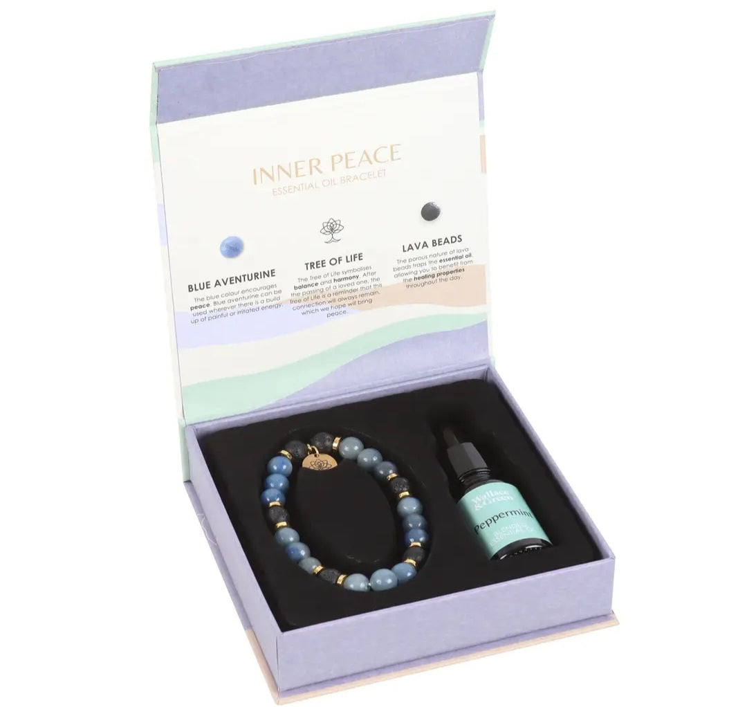 Inner Peace Blue Lace Agate Crystal Essential Oil Bracelet Gift Set