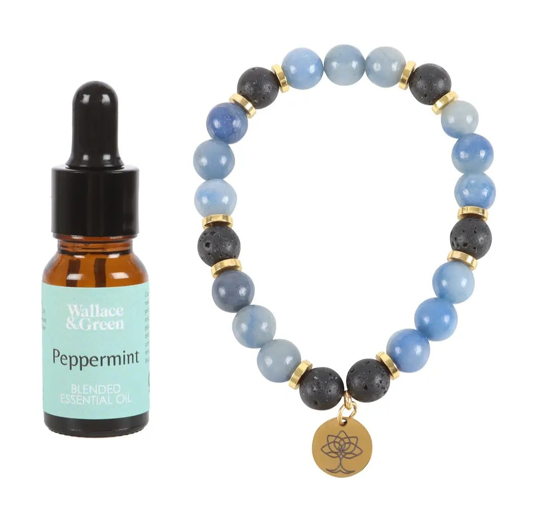 Inner Peace Blue Lace Agate Crystal Essential Oil Bracelet Gift Set