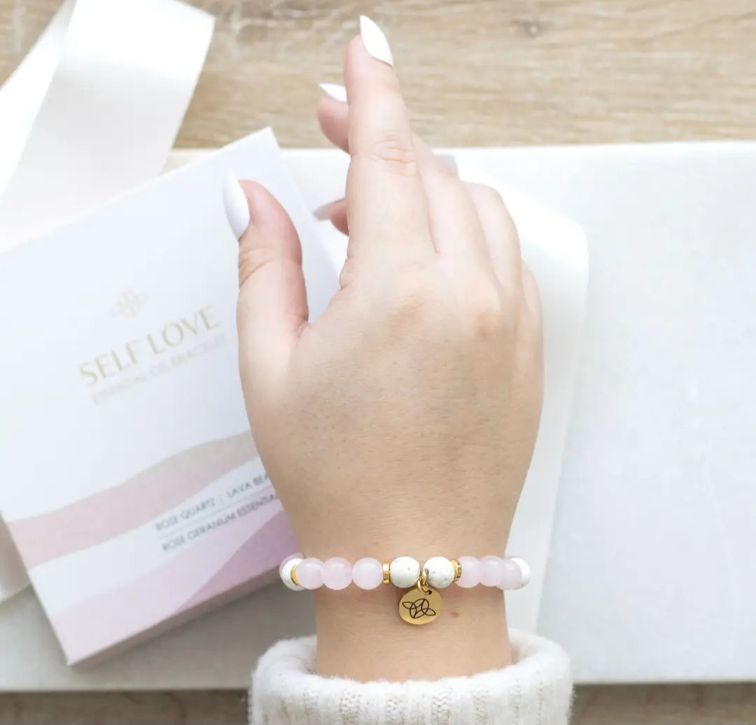 Self Love Rose Quartz Crystal Essential Oil Bracelet Gift Set