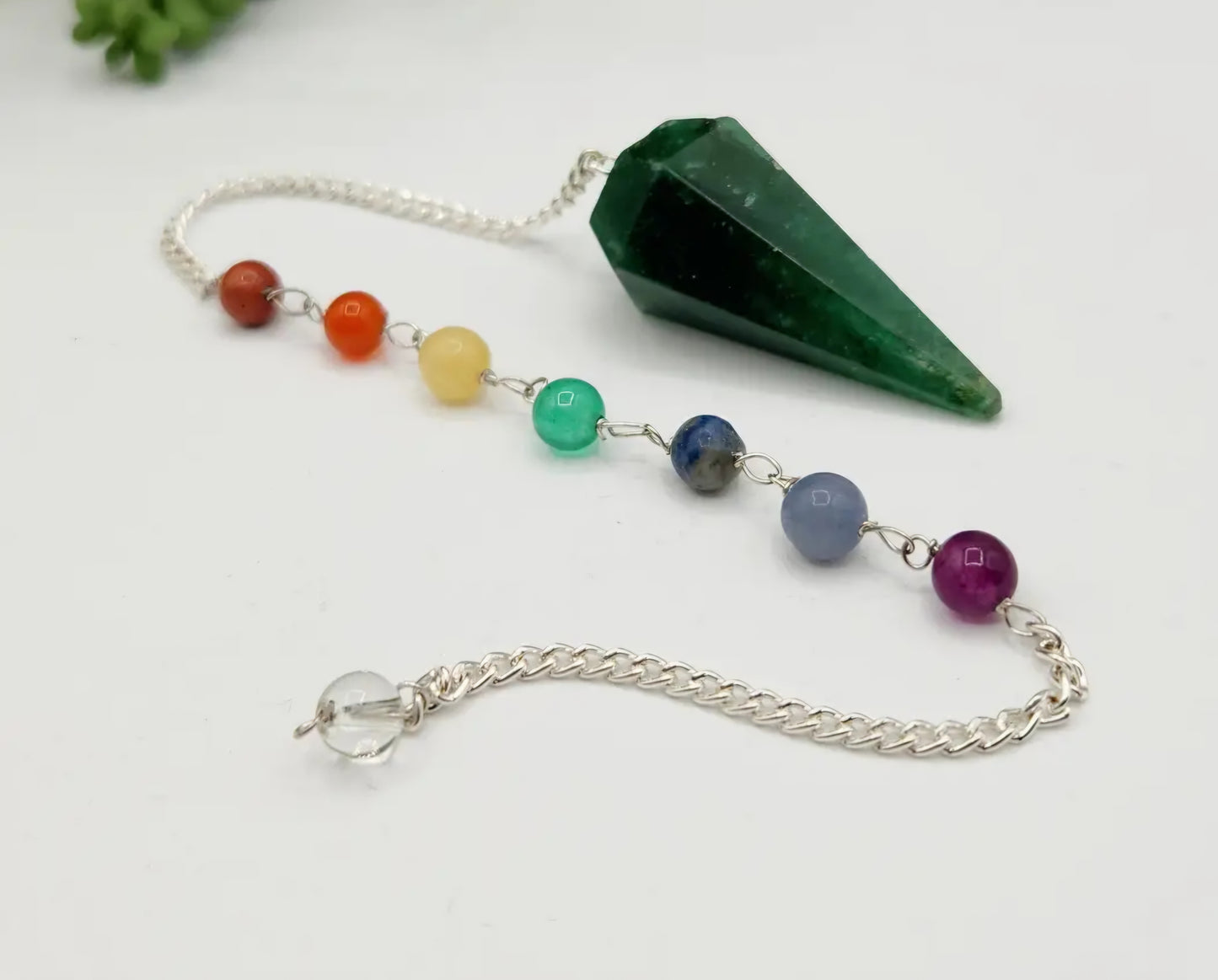 Jade (Green) Pendulum W/Chakra Beads-Silver Chain
