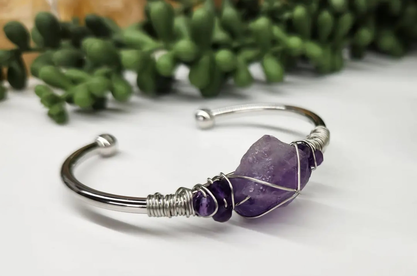 Amethyst/Amethyst Rough Gemstone Wire Wrapped Bangle