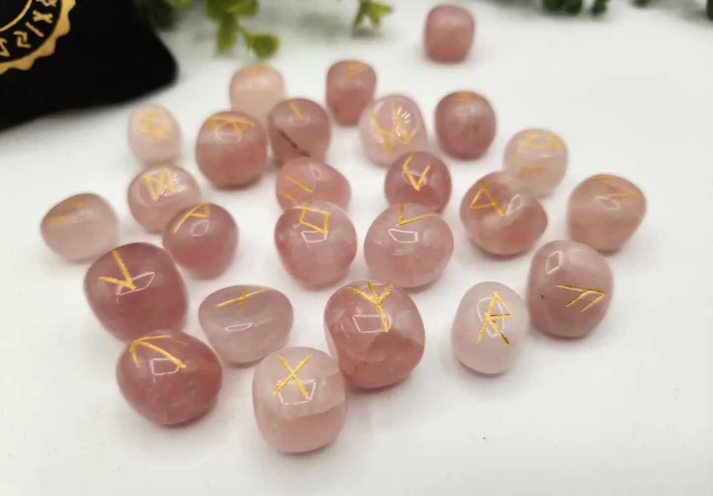 Rose Quartz Semi-Precious Gemstone Rune Set