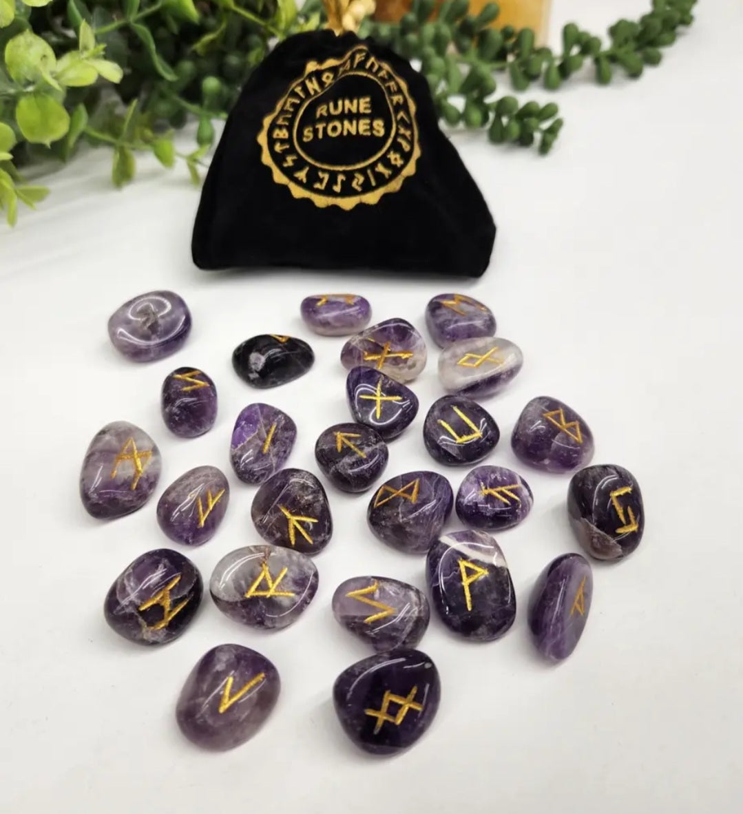 Chevron Amethyst Semi-Precious Gemstone Rune Set