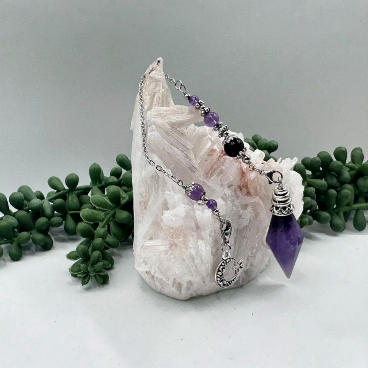 Premium Amethyst Pendulum with Crescent Moon Charm