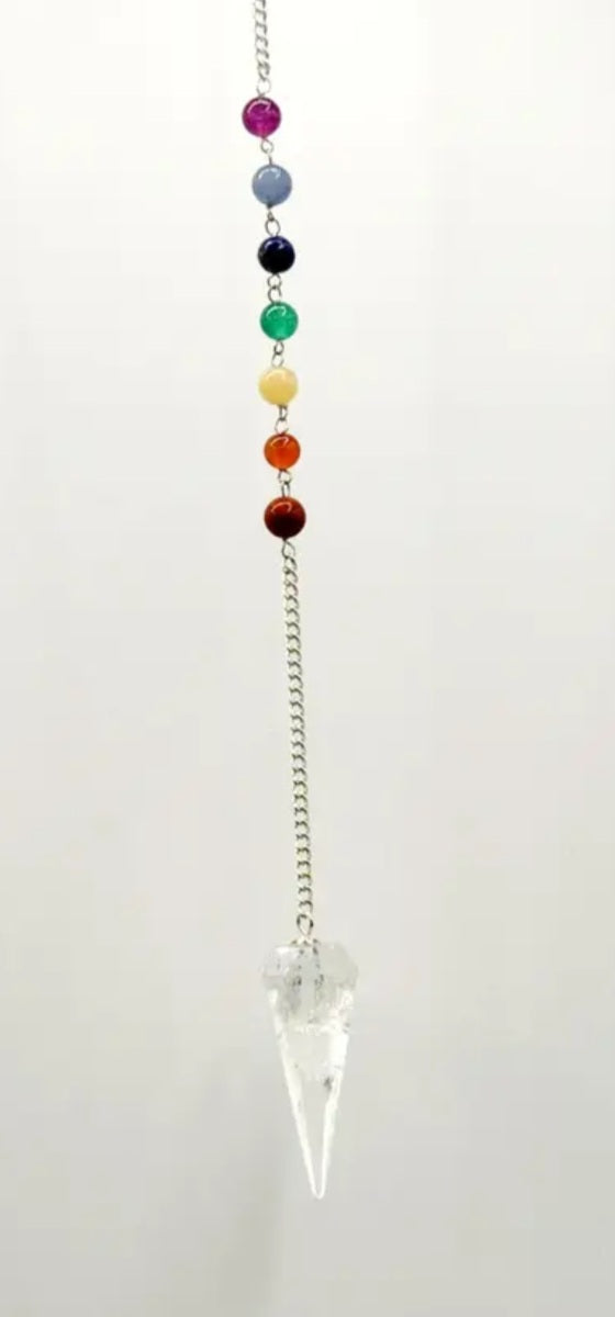Clear Quartz Pendulum W/Chakra Beads-Silver Chain
