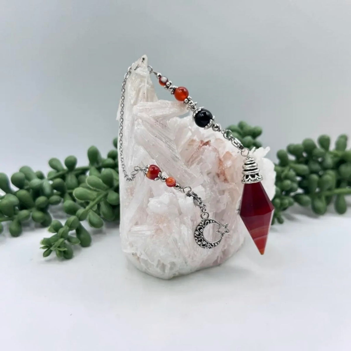 Premium Banded Carnelian Pendulum with Crescent Moon Charm