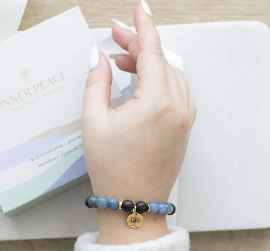 Inner Peace Blue Lace Agate Crystal Essential Oil Bracelet Gift Set