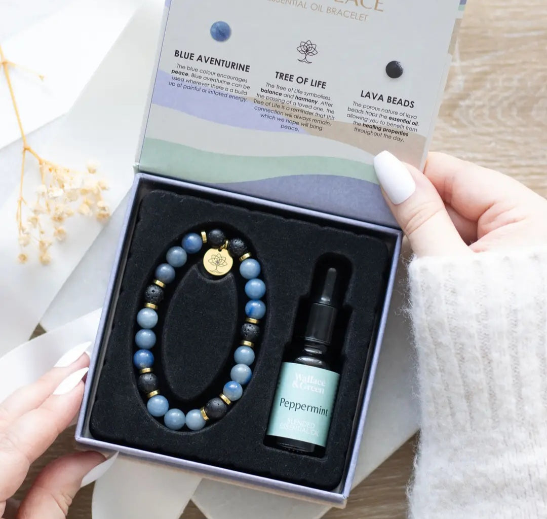 Inner Peace Blue Lace Agate Crystal Essential Oil Bracelet Gift Set