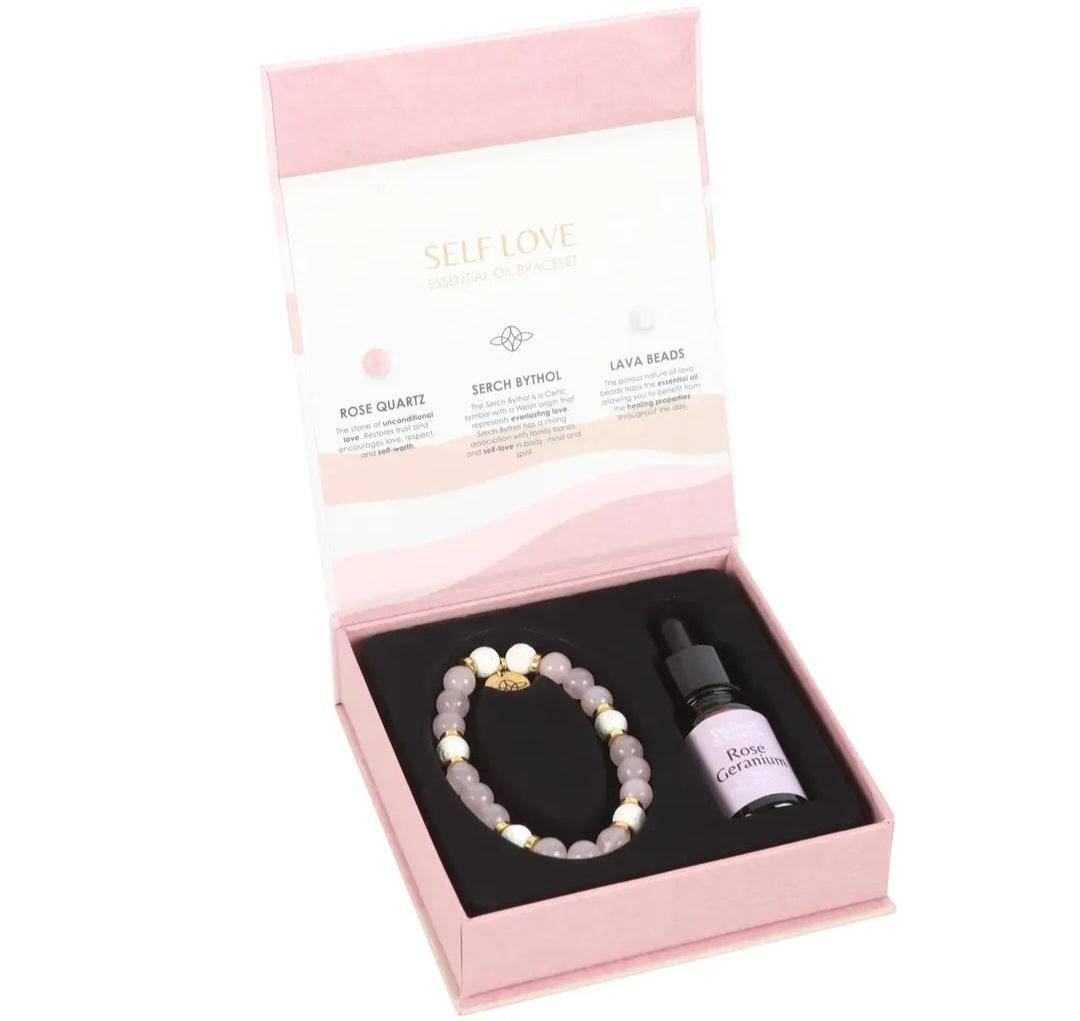 Self Love Rose Quartz Crystal Essential Oil Bracelet Gift Set