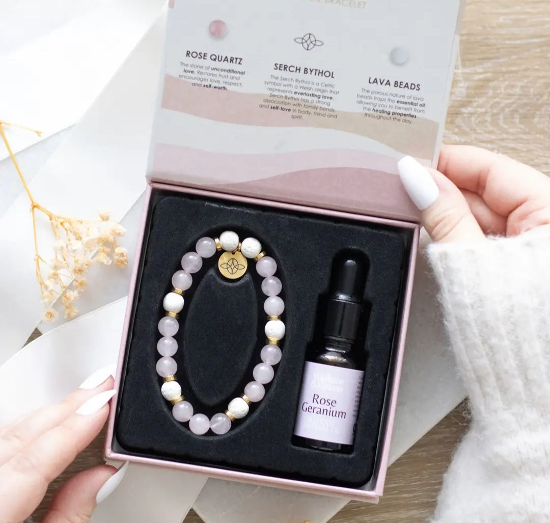 Self Love Rose Quartz Crystal Essential Oil Bracelet Gift Set