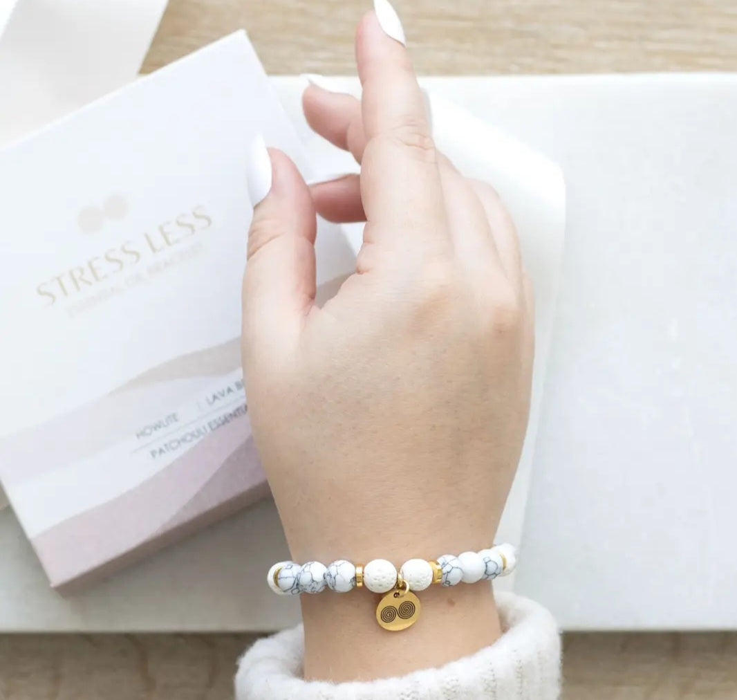 Stress Less Howlite Crystal Essential Oil Bracelet Gift Set