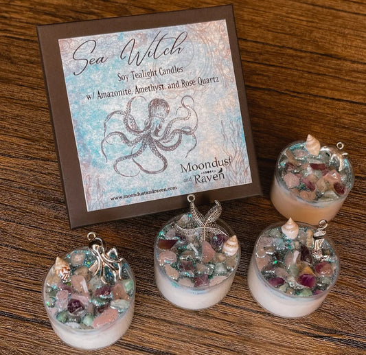 Set of 4 Sea Witch Tealight Crystal Candles