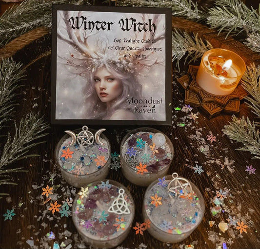 Set of 4 Winter Witch Tealight Crystal Candles