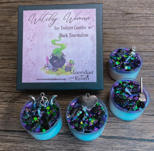 Set of 4 Witchy Woman Tealight Crystal Candles