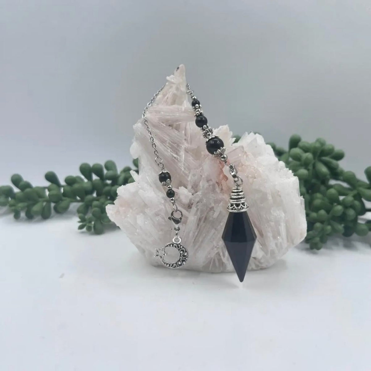Premium Black Obsidian Pendulum with Crescent Moon Charm