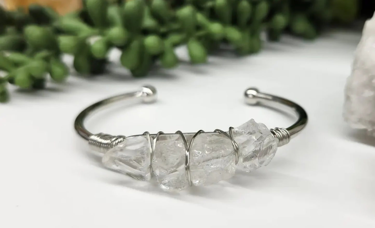 Clear Quartz 4 Rough Gemstones/Wire Wrapped Bangle