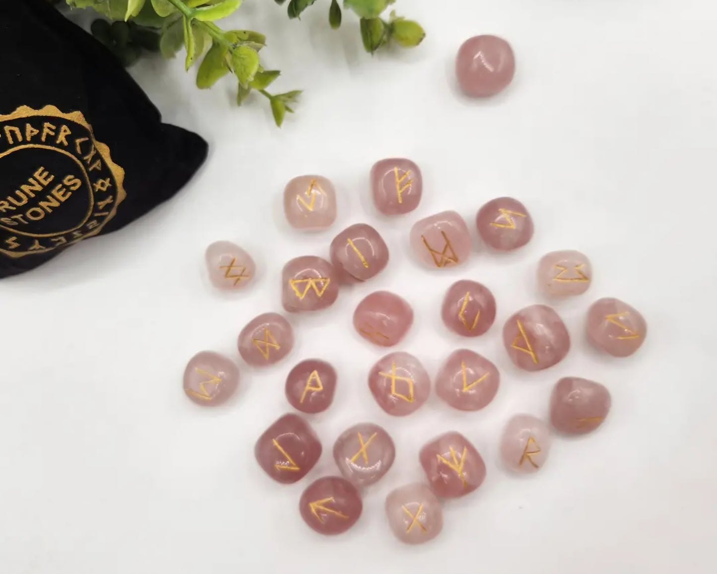 Rose Quartz Semi-Precious Gemstone Rune Set