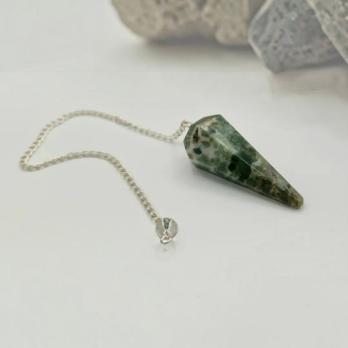 Moss Agate Gemstone Pendulum W/Silver Chain