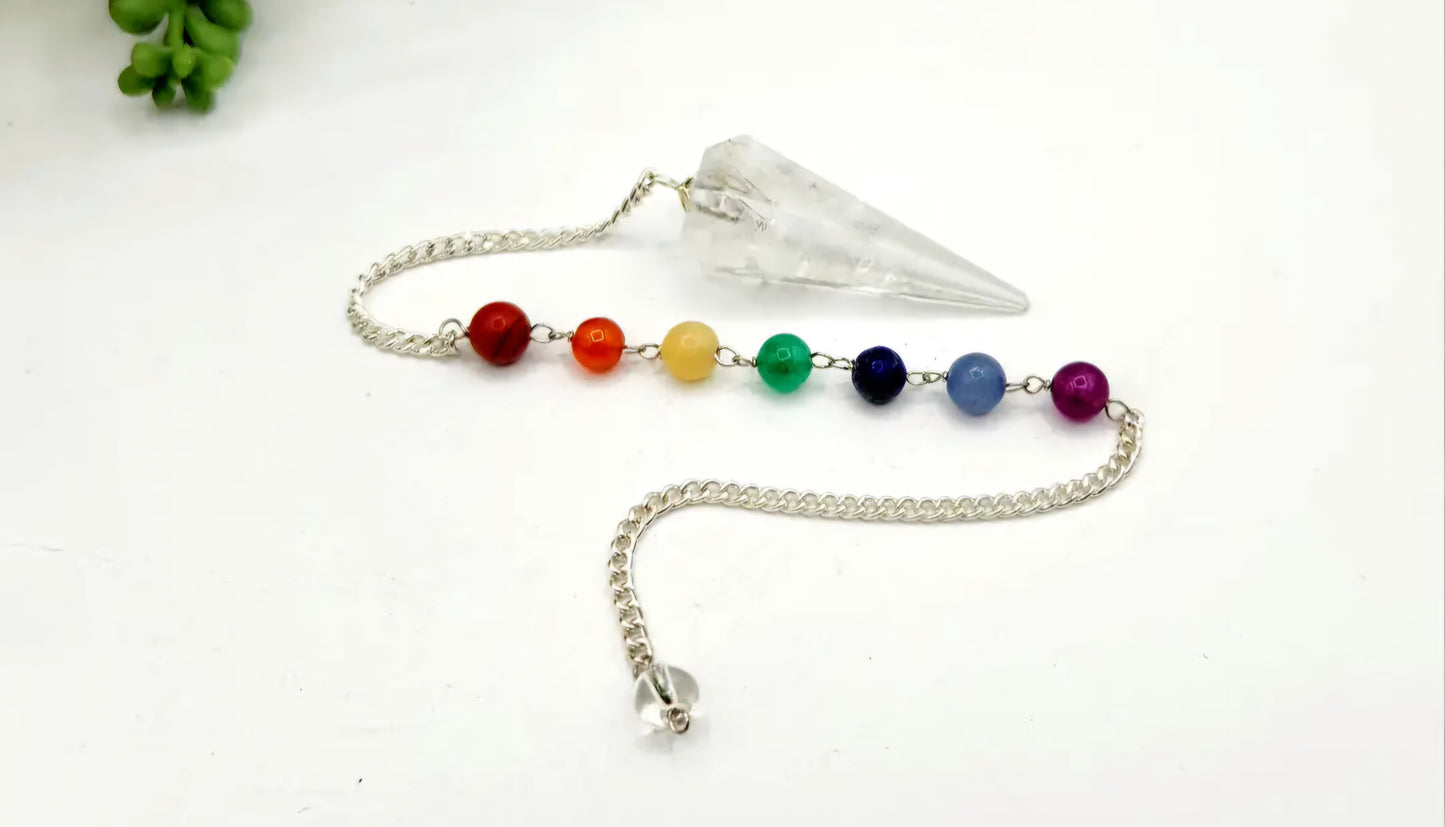 Clear Quartz Pendulum W/Chakra Beads-Silver Chain