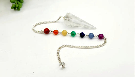 Clear Quartz Pendulum W/Chakra Beads-Silver Chain