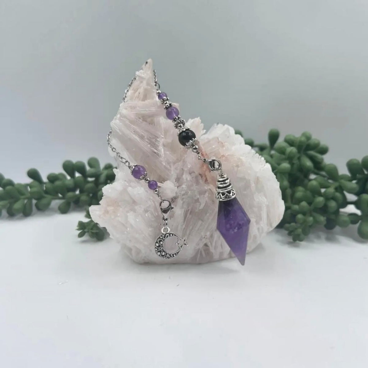 Premium Amethyst Pendulum with Crescent Moon Charm