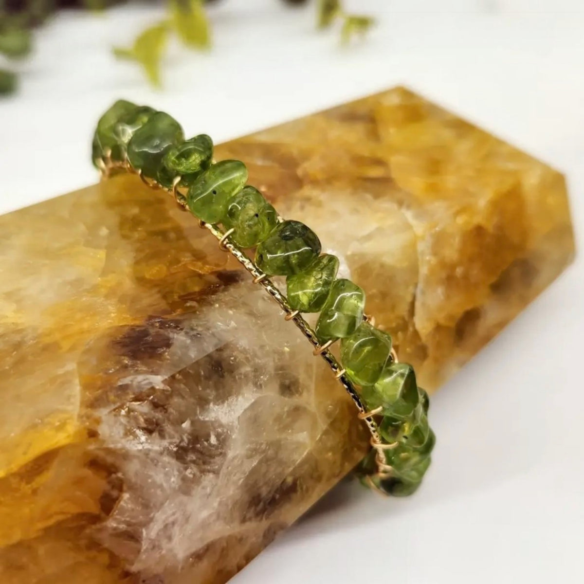 Peridot Wire Wrapped Bangle/Cuff Bracelet 18kt overlay