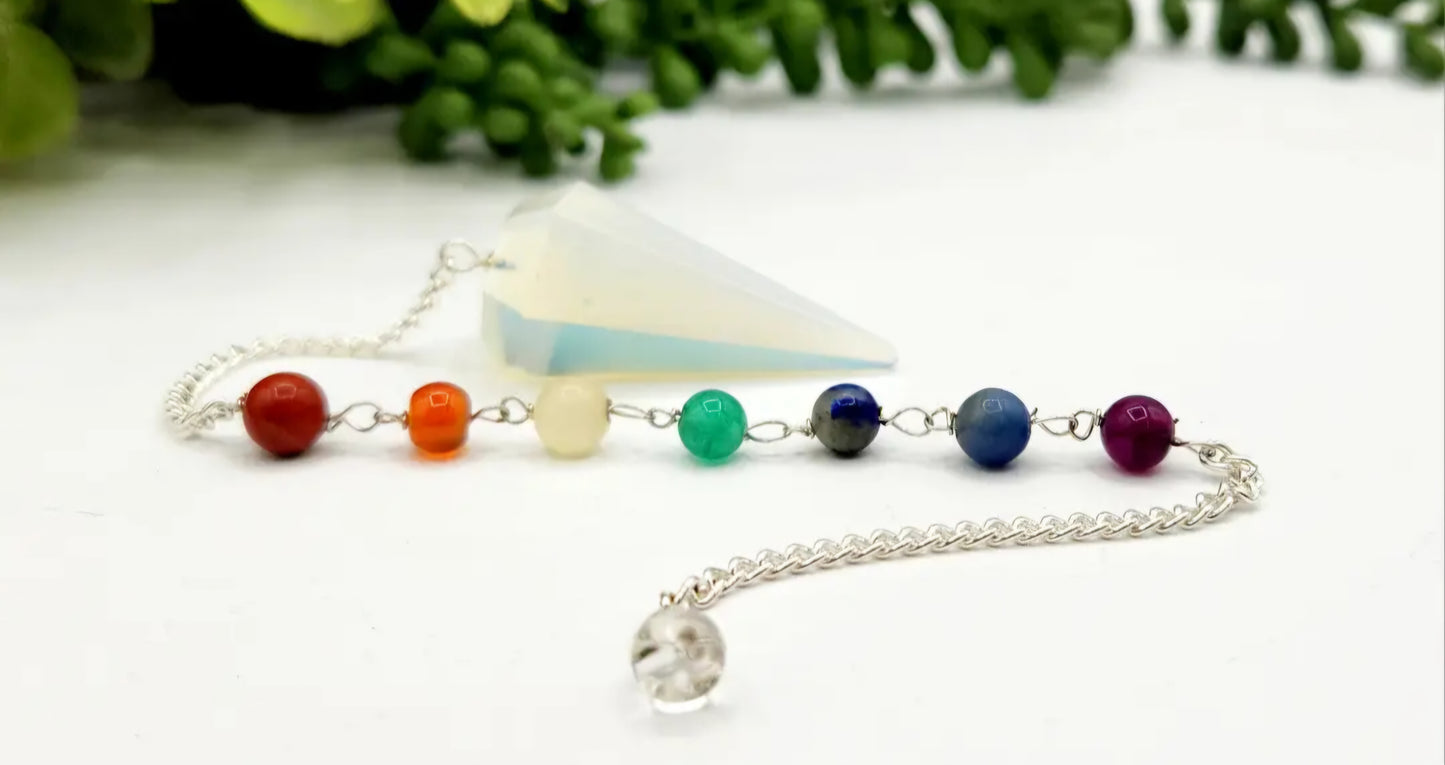 Opalite Pendulum W/Chakra Gemstone Beads-Silver Chain