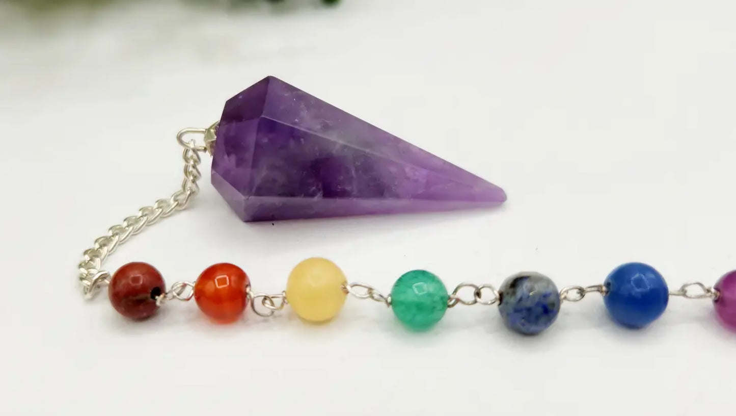 Amethyst Pendulum W/Chakra Gemstone Beads-Silver Chain