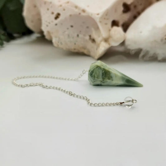 Serpentine Gemstone Pendulum W/Silver Chain