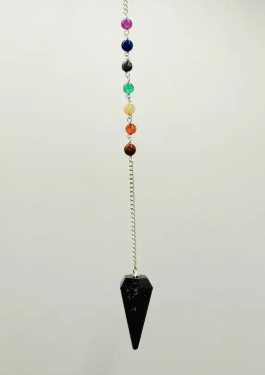Black Obsidian Pendulum W/Chakra Beads-Silver Chain