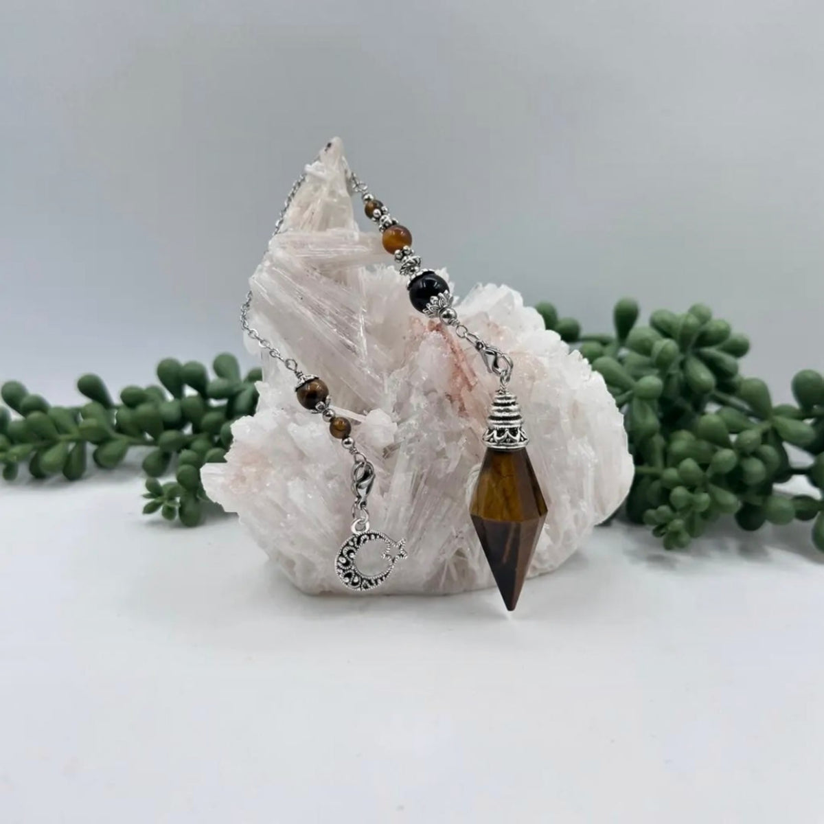 Premium Tiger's Eye Pendulum with Crescent Moon Charm