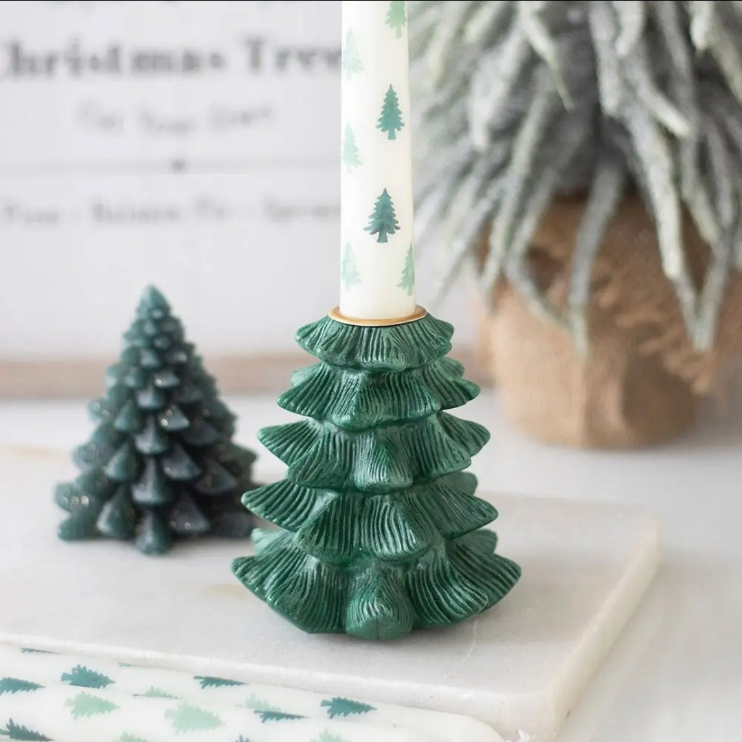 Green Fir Tree Christmas Candle Holder with Taper Candle