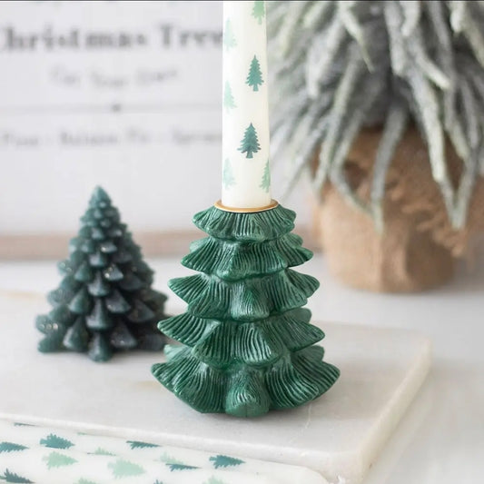 Green Fir Tree Christmas Candle Holder with Taper Candle