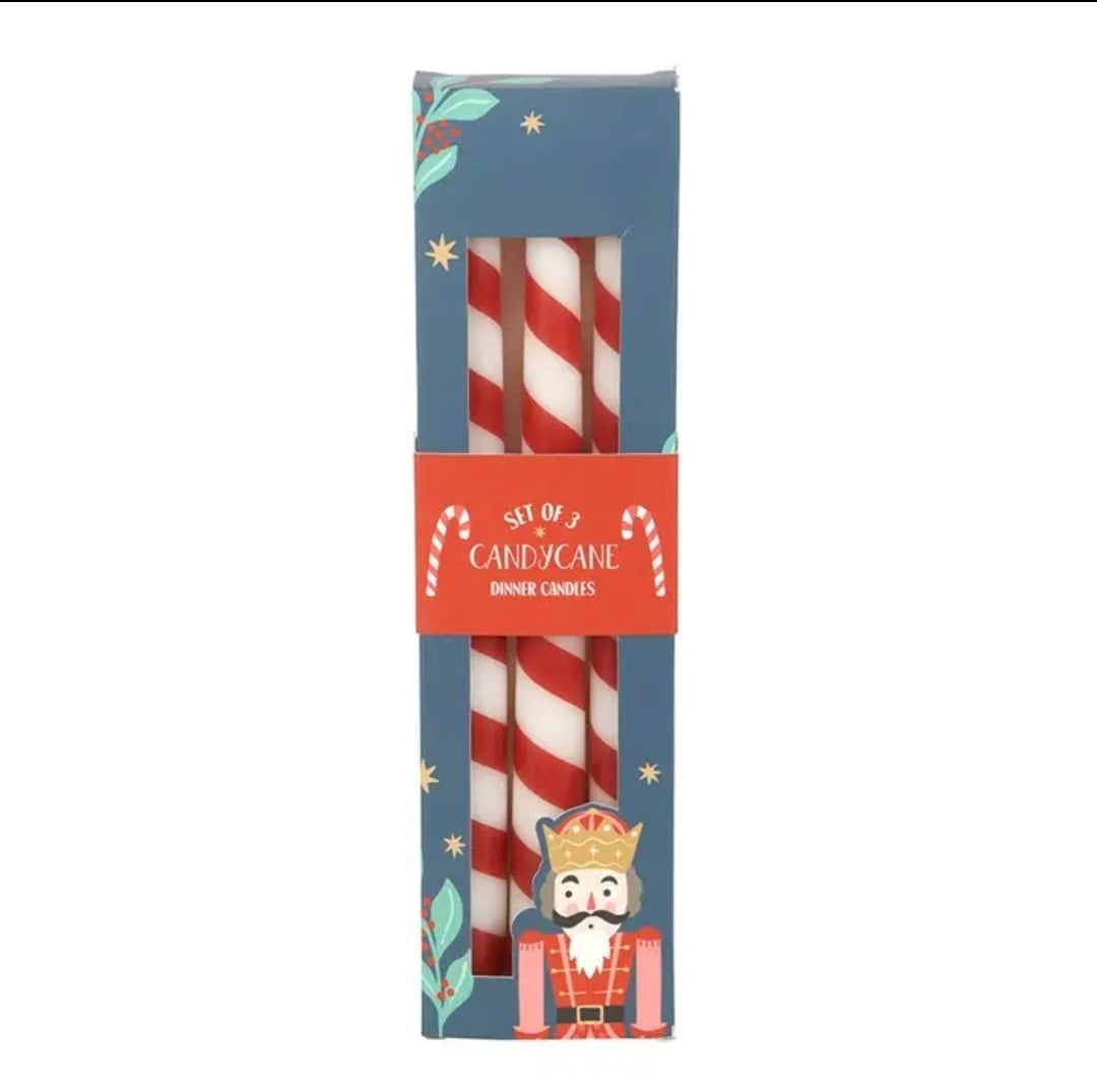 Set of 3 Candy Cane Stripe Christmas Taper Candles