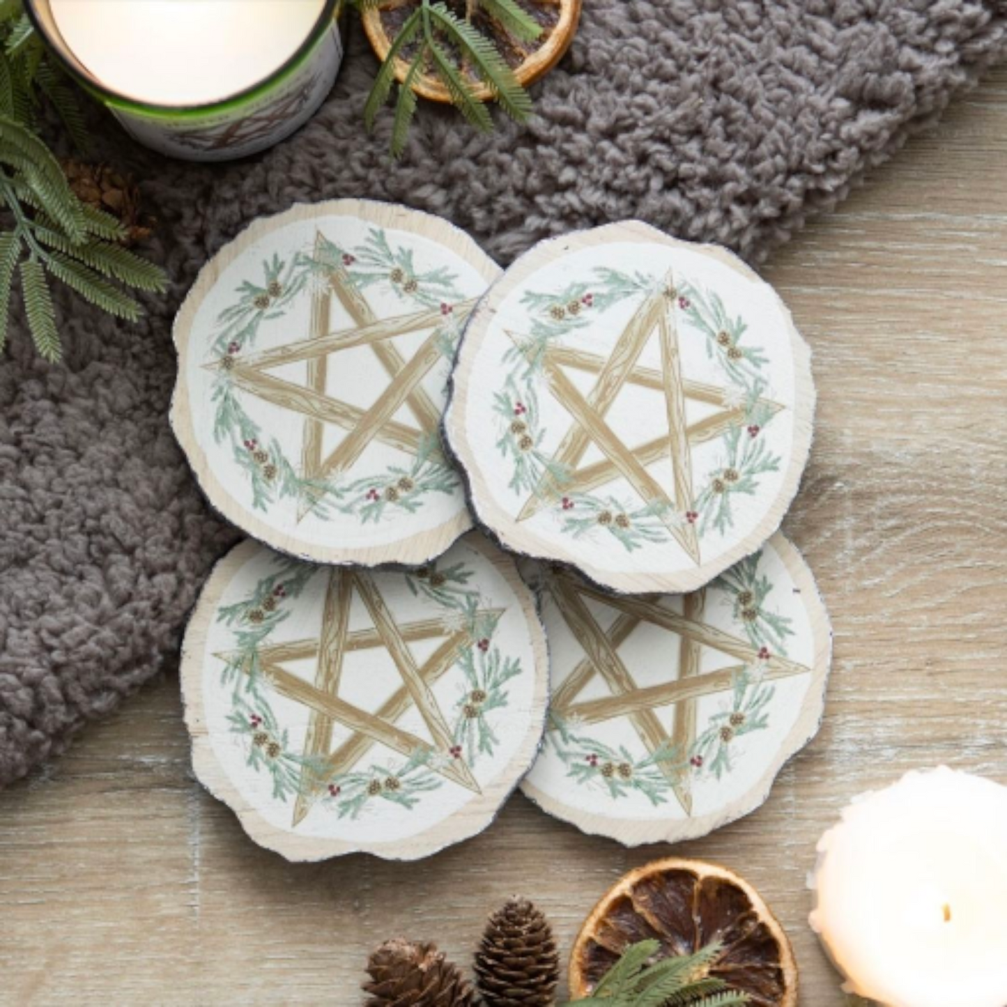 Winter Solstice Wood Slice Coaster Set