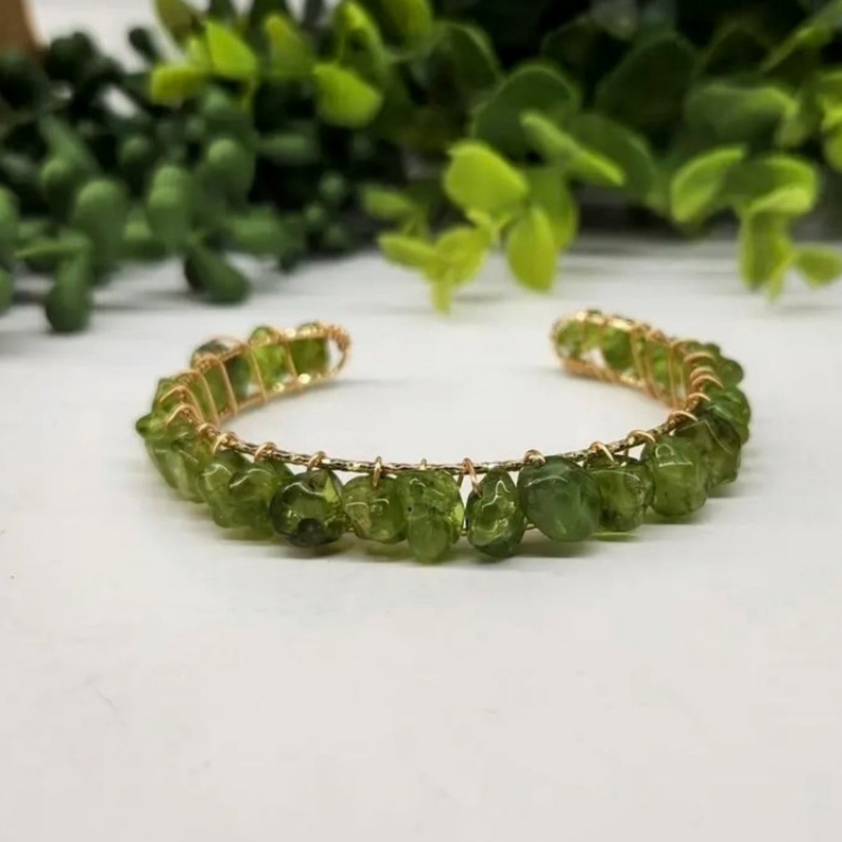 Peridot Wire Wrapped Bangle/Cuff Bracelet 18kt overlay