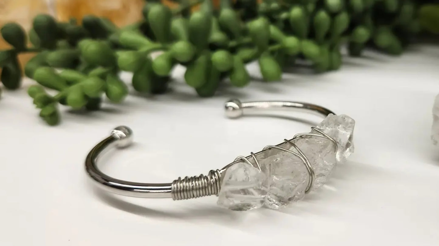 Clear Quartz 4 Rough Gemstones/Wire Wrapped Bangle