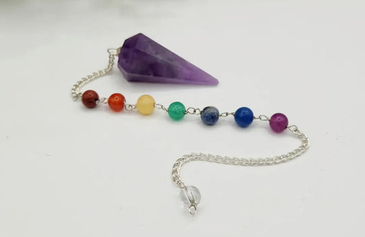 Amethyst Pendulum W/Chakra Gemstone Beads-Silver Chain