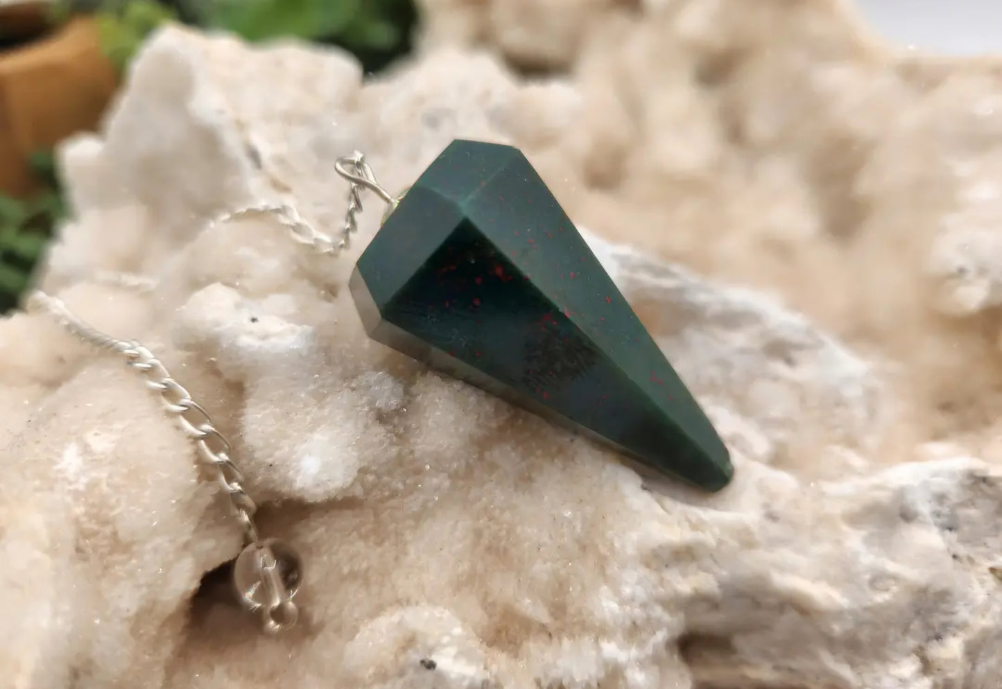 Bloodstone Gemstone Pendulum W/Silver Chain