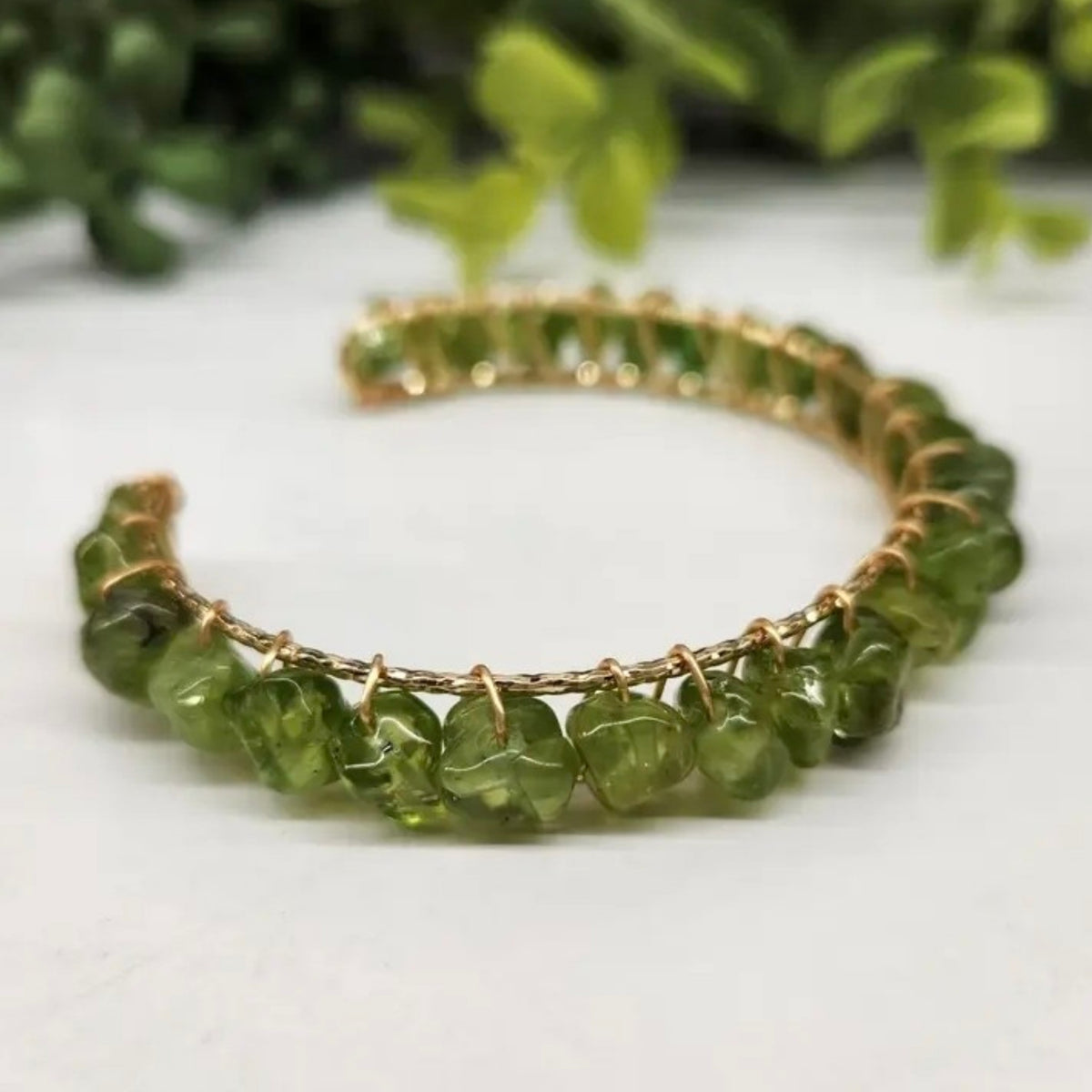 Peridot Wire Wrapped Bangle/Cuff Bracelet 18kt overlay