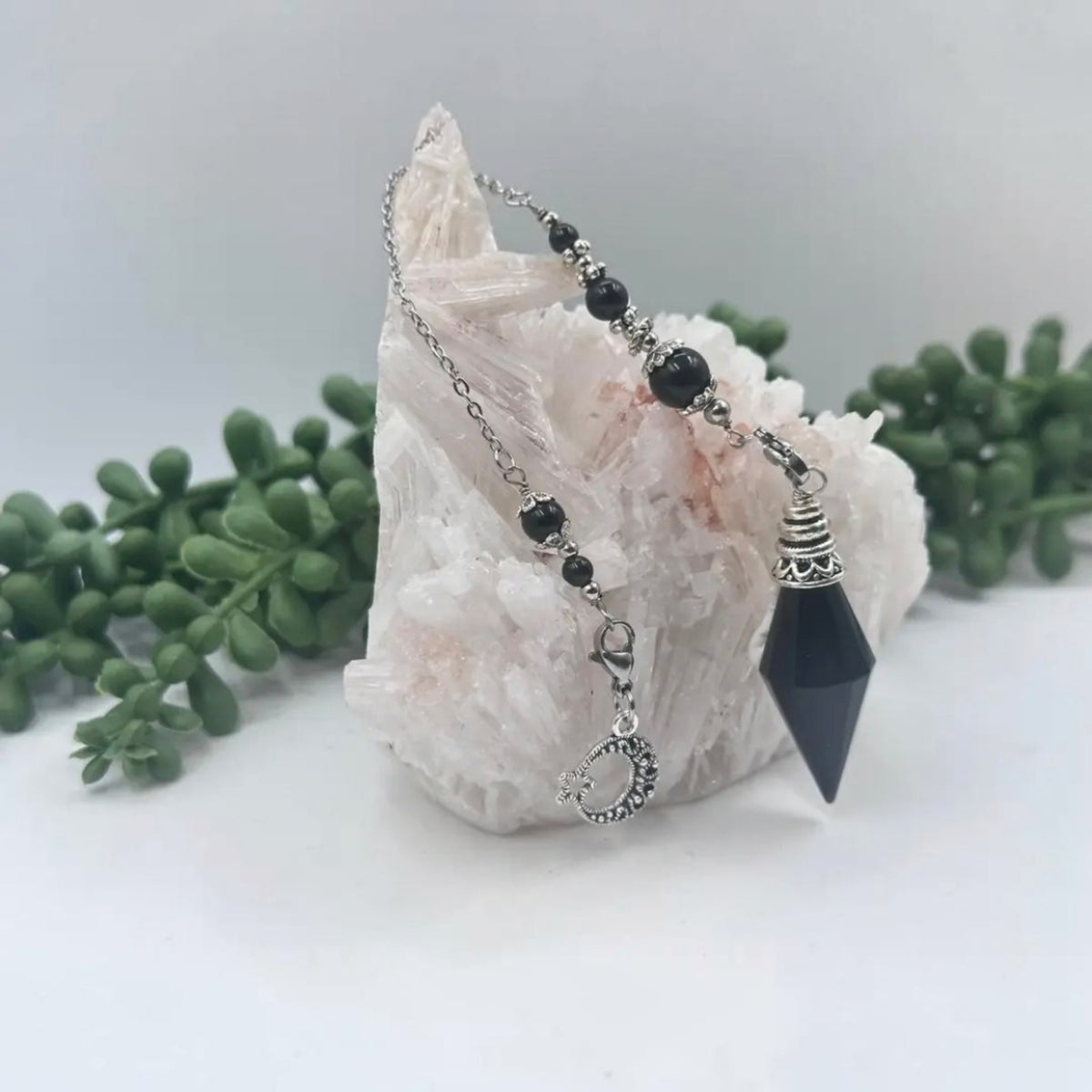 Premium Black Obsidian Pendulum with Crescent Moon Charm