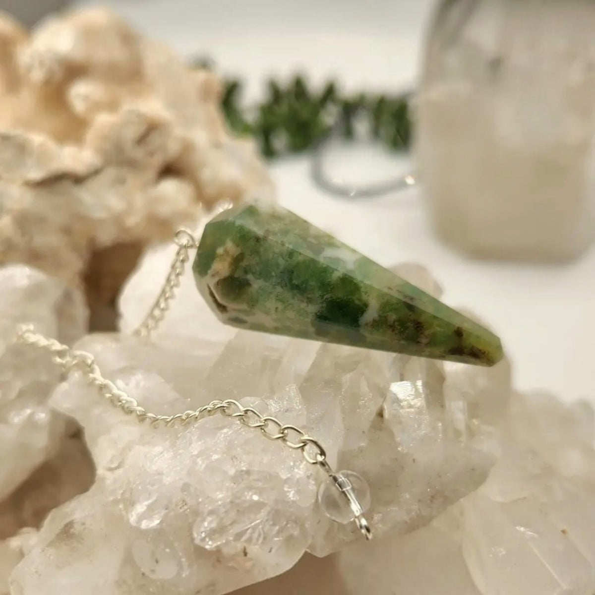 Moss Agate Gemstone Pendulum W/Silver Chain