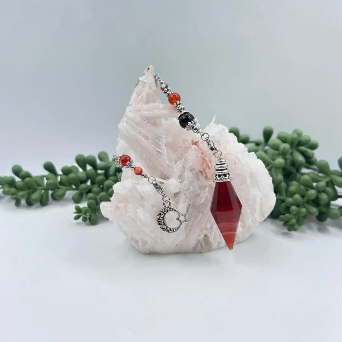 Premium Banded Carnelian Pendulum with Crescent Moon Charm