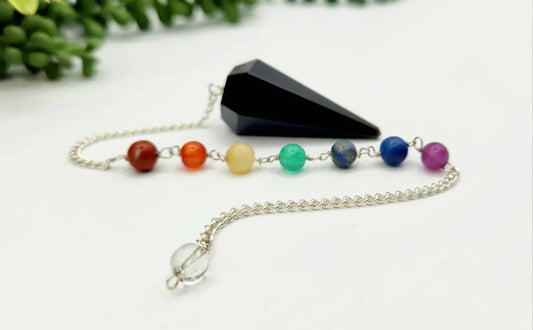 Black Obsidian Pendulum W/Chakra Beads-Silver Chain